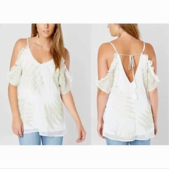 Gimmicks BKE White Chiffon Embroidered Open Shoulder Tie Back Top L 103N - Picture 2 of 9